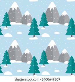 Seamless pattern with simple flat pines and rocks. Vector cute winter backdrop.	