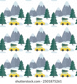 Seamless pattern with simple flat pines, rocks and yellow cars. Vector cute winter background in flat style.	