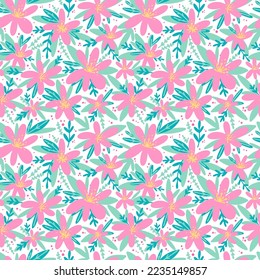 Seamless pattern with simple flat pink daisy flowers. Modern naive botanical design for fabrics, scrapbooking. Vector background.