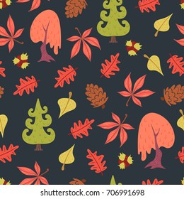 Seamless pattern in simple flat style with colorful trees, leaves and cones. Flat vector illustration.