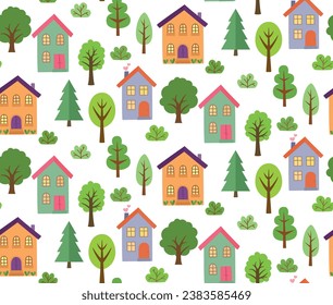 Seamless pattern with simple flat trees and cute houses. Vector cartoon backdrop.	