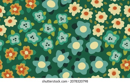 Seamless pattern with a simple floral arrangement. Floral pattern with small cartoon flowers and leaves. Nice design for a variety of coatings. Vector illustration.