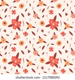 Patrón sin foco con elementos simples, florales, botánicos, brotes, flores florecientes, ramas, hojas. Ilustraciones vectoriales de color dibujadas a mano sobre fondo beige claro. Perfecto para el papel de embalaje, textiles