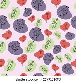 Patrón inexorable de simples siluetas florales y manchas de colores. Abstracción y minimalismo. Verde, rojo, morado. Para el diseño de textiles, embalajes, cubiertas.