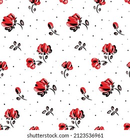 Seamless pattern with a simple flower arrangement. Liberty floral print with cute small flowers, leaves. Romantic floral background with painted plants. Vector.