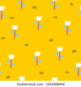 Seamless pattern with simple flower. Cute kids print. Vector hand drawn illustration.