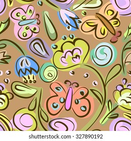 Seamless pattern simple flower pattern in soothing colors; vector illustration.