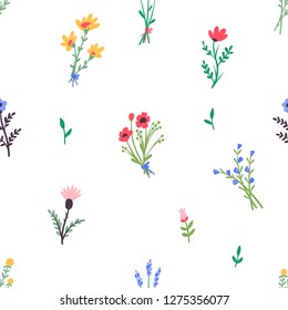 Seamless pattern. Simple flowers. Bouquets of wildflowers. Flower meadow. Hand drawn illustration.