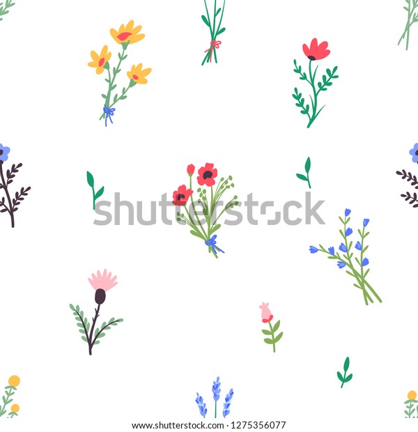 Seamless Pattern Simple Flowers Bouquets Wildflowers