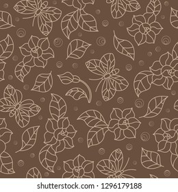 Seamless  pattern with simple flowers and  butterfly,beige outline on a brown background