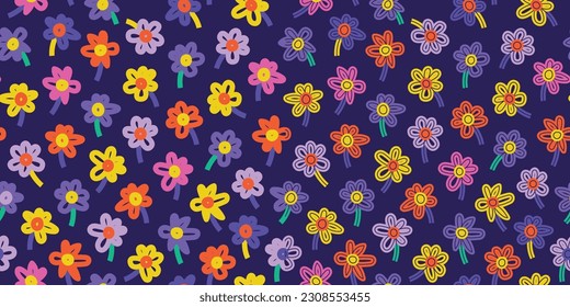 Seamless pattern of simple flowers. Collection of hand drawn natural elements. Bold Florals. Set of two prints on a dark background