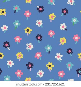 Seamless pattern of simple flowers. Collection of hand drawn natural elements. Bold Florals. Print on a blue background