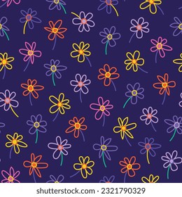 Seamless pattern of simple flowers. Collection of hand drawn natural elements. thin line Florals. simple Print on a violet background