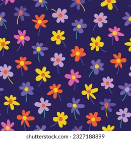Seamless pattern of simple flowers. Collection of hand drawn natural elements. Repeating thin Florals. simple Print on a purple background	