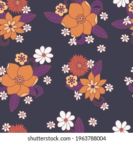 Patrón sin foco con flores simples. Hippie de impresión floral de los años 60
