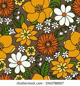 Seamless Pattern With Simple Flowers. Floral Print Hippie 60s