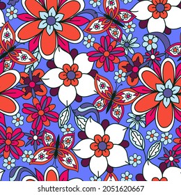 Seamless pattern with simple flowers. Floral print hippie 60s.