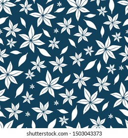 Seamless pattern with simple flowers and leaves. Elegant floral background for textile design. Vector illustration.