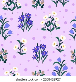 Seamless pattern with simple flowers and leaves. Trendy floral print