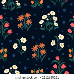 Seamless pattern with simple flowers and leaves. Trendy floral print