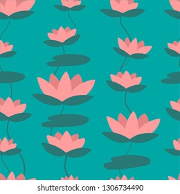 Seamless pattern with simple flowers of lotus in water, lake or pond. Backdrop with water lily. Beautiful texture with water plants for textile design, print fabric, wrapping paper, wallpaper.