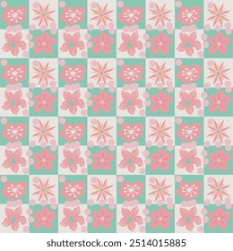 Seamless pattern of simple flowers and plant elements. Vector illustration in cartoon style.
