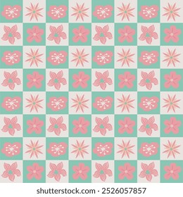 Seamless pattern of simple flowers and plant elements. Vector illustration in cartoon style.