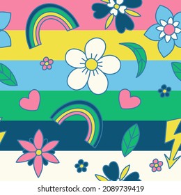 Seamless Pattern With Simple Flowers, Rainbow And Heart. Floral Print Hippie 60s