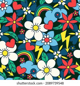 Seamless pattern with simple flowers, rainbow and heart. Floral print hippie 60s
