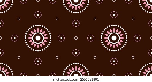 Seamless pattern with simple flowers round elements. White pink circular element on brown background. Ethnic floral vector illustration. Country style plant folk ornament for holiday decor