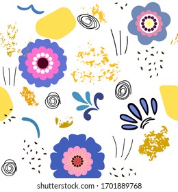 Seamless pattern simple flowers and various oval shapes in blue yellow tones, watercolor paint splashes, black lines and dots. Abstract modern trendy vector illustration on a white background.