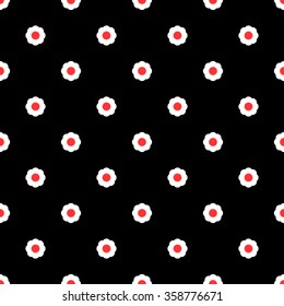 Seamless pattern with simple flowers white spring flowers on a black background with a red flower the middle.