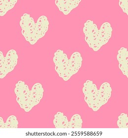 Seamless pattern of simple fluffy hearts on pink background, for wrapping paper or fabric. Hand drawn naive childlike style. Vector cute illustration