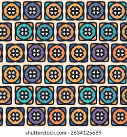 Seamless pattern with simple geometric drawing in retro motif. Abstract pattern, wallpaper or textile print design with stylized floral pattern. Geometric tiles. Vector illustration.