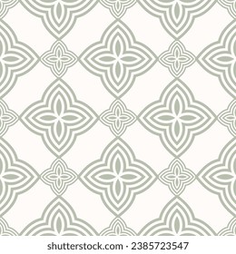 Seamless pattern with simple geometric floral shapes. Abstract sage green and white background. Vector ornament texture for textiles, wallpaper, decor. Repeat geometric design with oriental touch