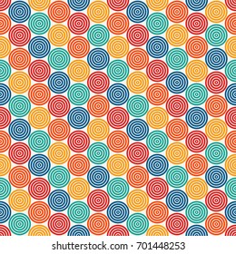 Seamless pattern with simple geometric forms. Repeated circles ornamental wallpaper. Abstract background with round vortexes. Digital paper, textile print, page fill. Vector art