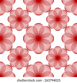 Seamless pattern of simple geometric lace flowers in white and red. Graphic vector illustration.