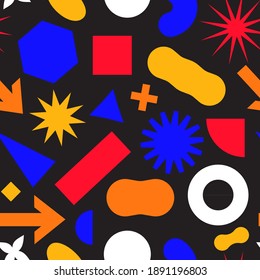 Seamless pattern with simple geometric minimalistic abstract shapes and figures in complementary bright and black colors. Contemporary trendy bauhaus and czech style endless print or ornamnet. 