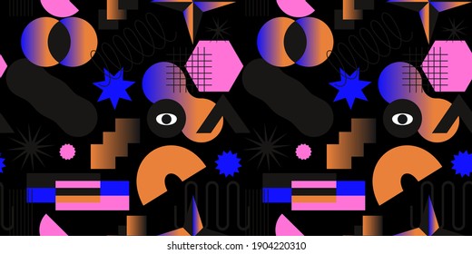 Seamless pattern with simple geometric minimalistic abstract shapes and figures with gradient. Contemporary trendy bauhaus and swiss style endless print or ornamnet. 