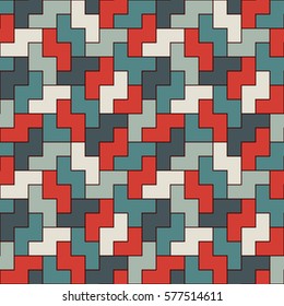 Seamless pattern with simple geometric ornament. Repeated puzzle mosaic abstract background. Modern style surface texture. Digital paper, textile print, page fill. Vector art