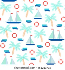 Seamless pattern with simple geometric sailboats on the abstract waves. Sailing ships, lifebuoys, palm trees isolated on white background. 
