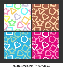 seamless pattern of simple geometric shapes. the abstract pattern is drawn randomly by hand. pastel colors. set of 4 backgrounds for printing and textiles