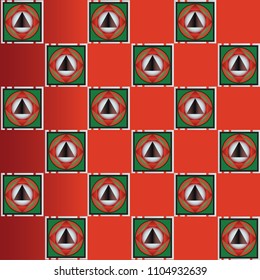 Seamless pattern  with simple geometrical form in chess order and optical illusion effect. Vector illusive background with futuristic vibrant design. Red background