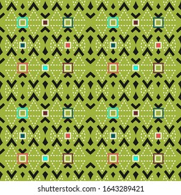 Patrón sin inconvenientes con un simple adorno étnico verde en un fondo oscuro. Ilustración del vector
