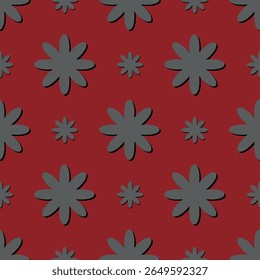 Padrão contínuo com flores estilizadas cinzentas simples em um fundo vermelho profundo. Um design gráfico moderno e minimalista com um efeito sutil de sombra projetada que cria uma aparência 3D limpa e em camadas.