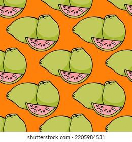 Seamless pattern with simple guava on orange background. Vector image.