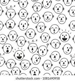 Seamless pattern with simple hand drawing faces of people. Vector endless illustration.