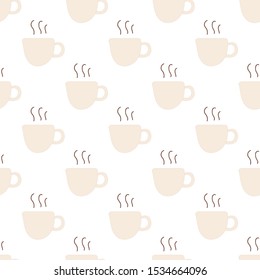 Seamless pattern. Simple hand drawn cooking pattern with cup of hot drink. beige color