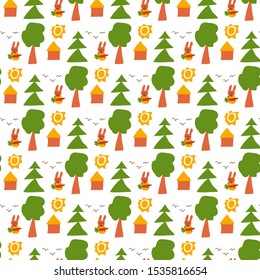 Seamless pattern. Simple hand drawn child funny pattern with trees, sun and house