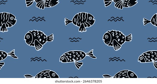 Seamless pattern with simple hand drawn fish. Cute funny fishes swimming on blue background. Funny graphic design surface, textile or wallpaper print with simple fish. Vector illustration.